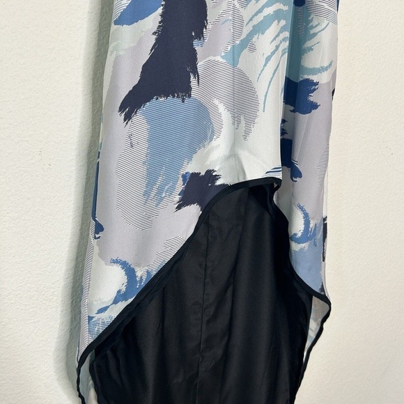 Lizna Dramatic High Low Blue and Black Graphic Silk Blouse XS - Picture 4 of 10